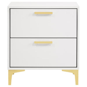  this two-drawer nightstand lends a chic