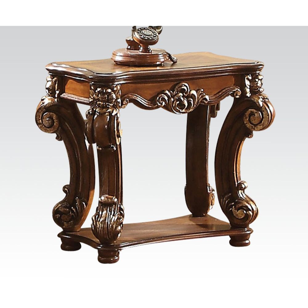 KD, Rectangular Table w/Scrolled Leg and Bottom Shelf â€¢ Top Apron: Scrolled Decor Trim<br/><br/><b>Product Features</b><ul><li>Case: 1Pc/1Ctn</li><li>Finish: Cherry</li><li>Style: Vintage</li><li>Materials: Wood, Poly Resin, Veneer (Wood)</li></ul><br/>