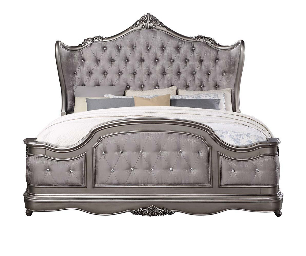 Create the feel of a European chateau in your bedroom with the Ausonia collection. Gathering inspiration from vintage Rococo design, featuring intricate carvings that embody the period. The wingback headboard is a classic design is accented with crystal-l
