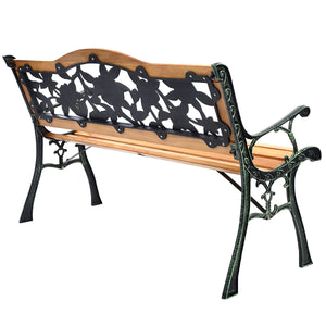 Consist of well-painted iron cast structure  solid wood seat and backrest frame  and PVC backrest pattern Come with a size of 49.5" x 20.5" x 30" and features a strong load-bearing capacity of up to 463 lbs Able to comfortably seat three medium-sized adul