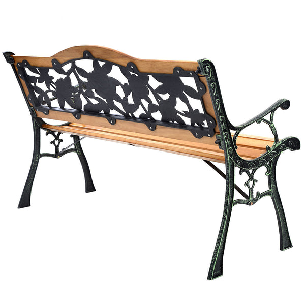 Consist of well-painted iron cast structure  solid wood seat and backrest frame  and PVC backrest pattern Come with a size of 49.5" x 20.5" x 30" and features a strong load-bearing capacity of up to 463 lbs Able to comfortably seat three medium-sized adul