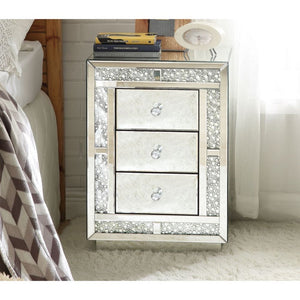 Assembled, Rectangular Night Table Storage: 3 Drw Features: Mirrored Finish, Trim w/Faux Crystals & Clear Glass CONSTRUCTION Mirrored Case Frame: 4mm Beveled Mirror, MDF