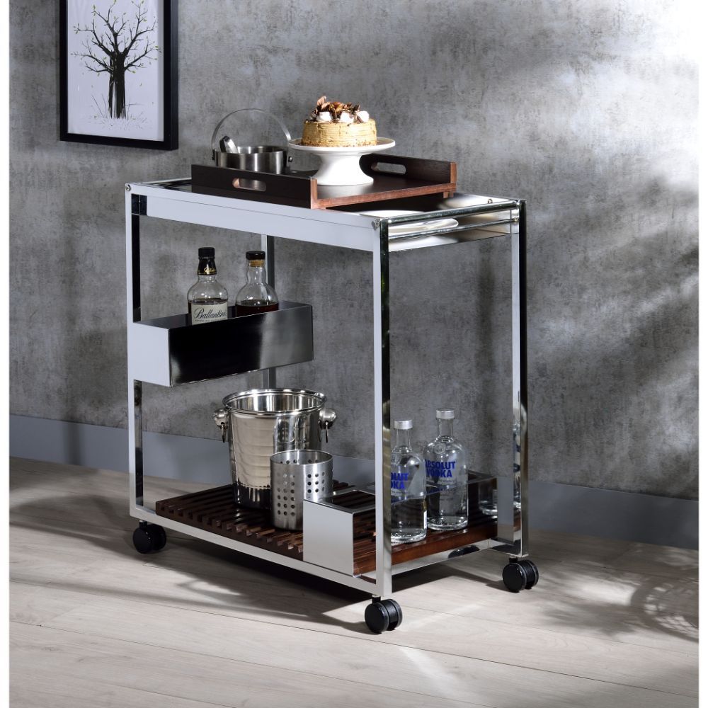 KD, Rectangular Serving Cart â€¢ Storage: 2 Open Compartments, Wine Bottle Rack, Stemware Floating Shelf (2 Shelves) â€¢ Removable Wooden Serving Tray â€¢ Wooden Top â€¢ Metal Open Frame with Caster Wheels â€¢â€¢ CONSTRUCTION] Wooden Tray/Shelves: Wood Ve