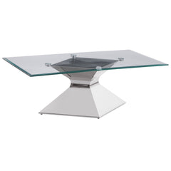 Go bold with this modern coffee table, featuring a polished silver hourglass-inspired pedestal base. Constructed with stainless steel and tempered glass, it includes a rectangular top with a beveled edge for added dimension. The clear glass showcases the 