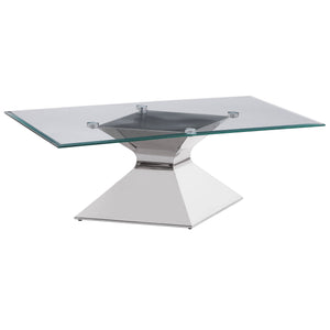 Go bold with this modern coffee table, featuring a polished silver hourglass-inspired pedestal base. Constructed with stainless steel and tempered glass, it includes a rectangular top with a beveled edge for added dimension. The clear glass showcases the 