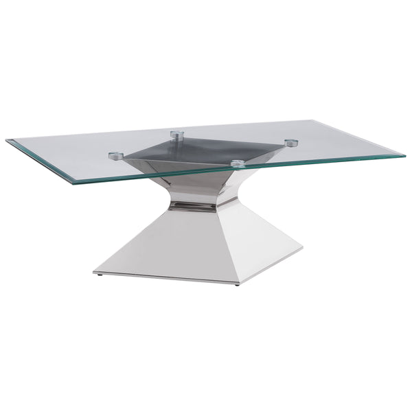 Go bold with this modern coffee table, featuring a polished silver hourglass-inspired pedestal base. Constructed with stainless steel and tempered glass, it includes a rectangular top with a beveled edge for added dimension. The clear glass showcases the 