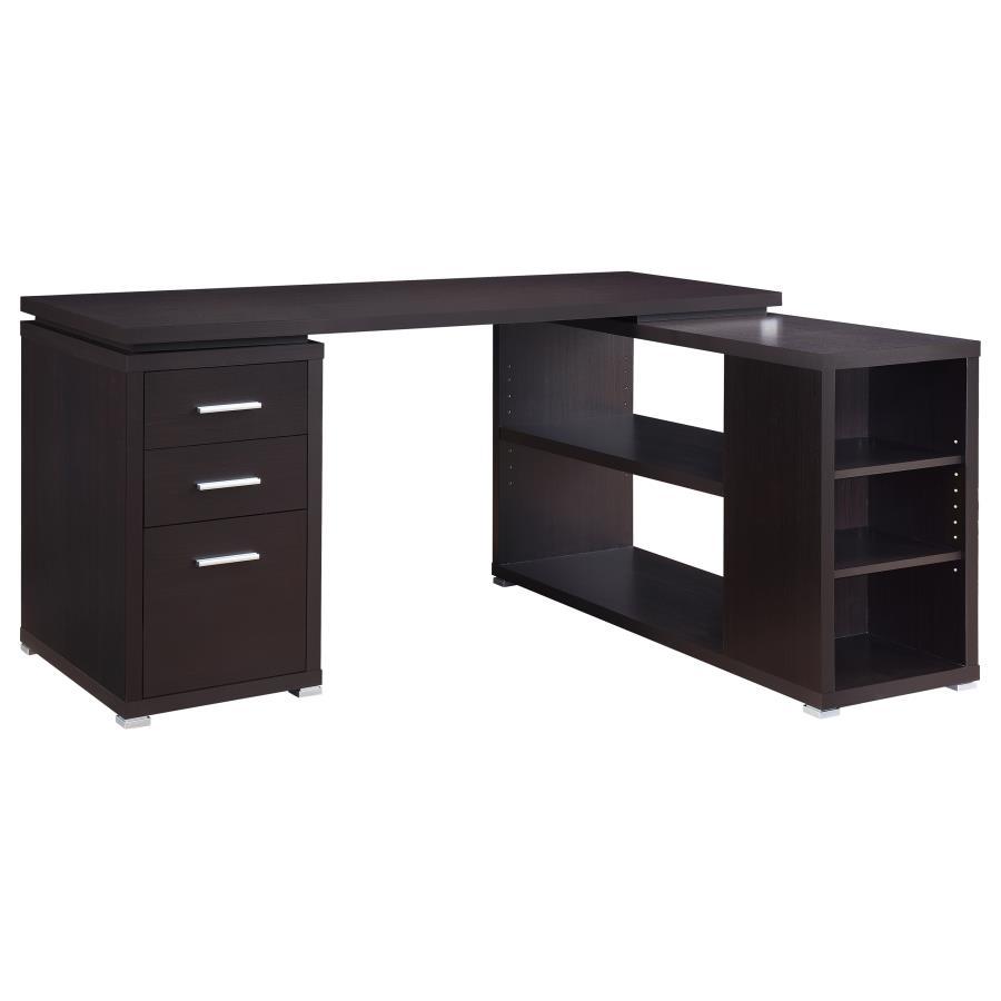 With a subtle touch of style, this L-shaped office desk is an excellent choice for a home office. With open shelves on one end and three drawers on the other, it allows ample storage space to keep yourself organized. Its file cabinet accommodates legal si