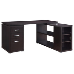 With a subtle touch of style, this L-shaped office desk is an excellent choice for a home office. With open shelves on one end and three drawers on the other, it allows ample storage space to keep yourself organized. Its file cabinet accommodates legal si
