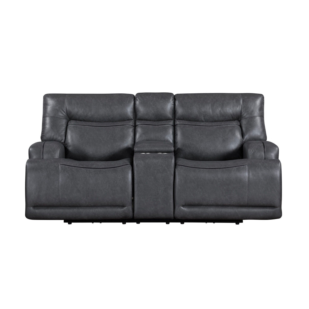 The Titan Reclining Console Loveseat in gray combines durability, comfort, and modern style for the ultimate seating experience. Crafted with hardwood plywood and engineered wood frames, this loveseat supports up to 350 lbs per seat, ensuring long-lasting