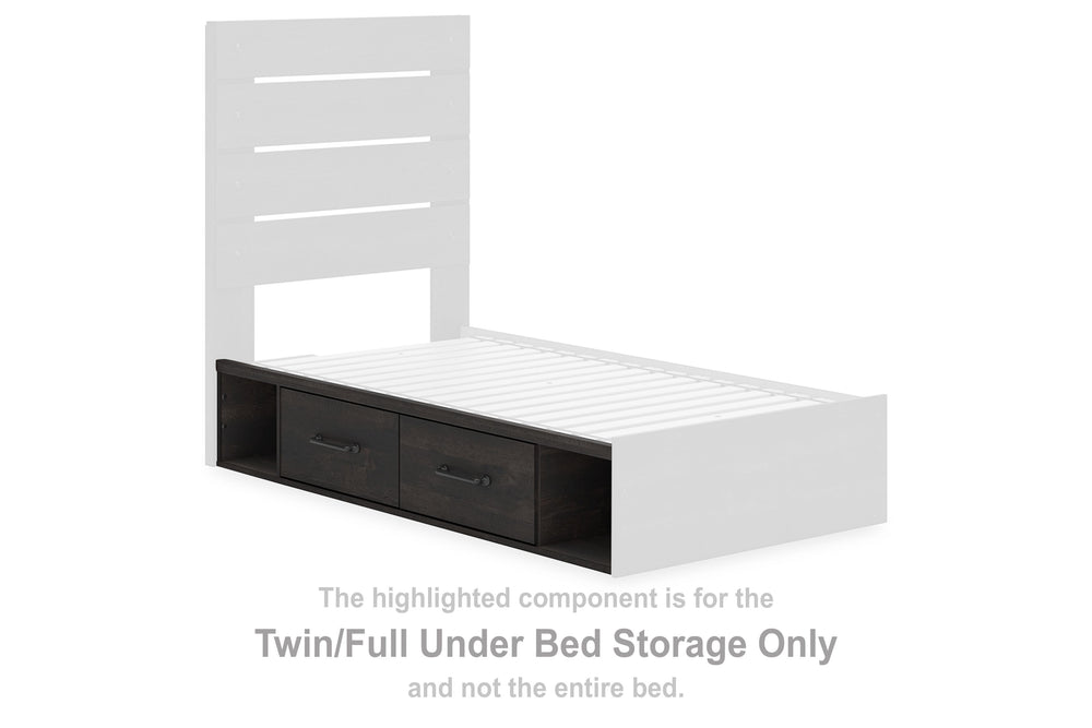 This twin/full under bed storage unit is made with engineered wood (MDF/particleboard/plywood) and decorative laminate. Pairs with other items in the series to make a bed kit.<br><br><b>Additional Dimensions</b><br><ul><li>Drawer interior (2): 0-"</li><li