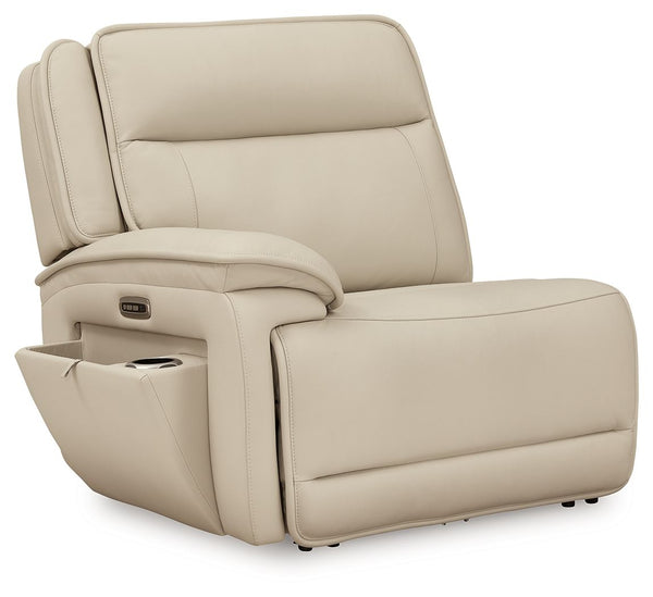 This left-arm facing power recliner is made with leather and faux leather upholstery. Pairs with other items in the series to make a sectional.<br><br><b>Additional Dimensions</b><br><ul><li>Seat width: 30-"</li><li>Seat depth: 22.38-"</li><li>Seat height
