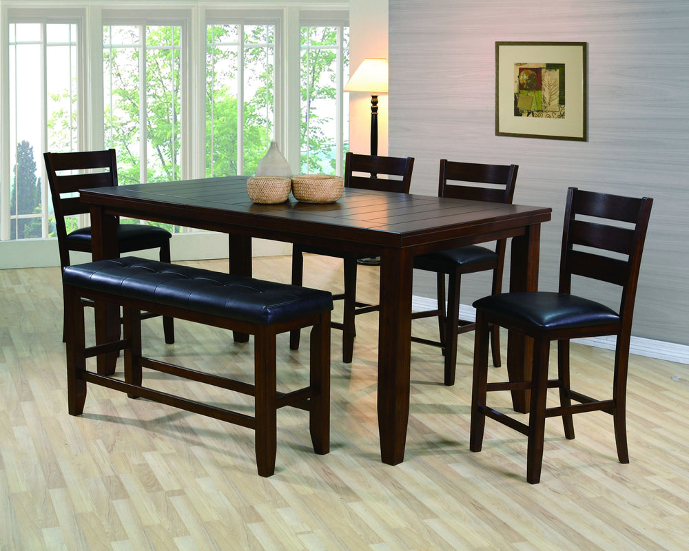 Create a warm and inviting dining space with this beautifully crafted counter-height dining group, designed for both style and functionality. The rich woodgrain finish enhances the sleek, plank-style tabletop, providing a timeless appeal that complements 