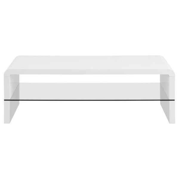  creating a contemporary silhouette. A clear tempered glass shelf offers an airy