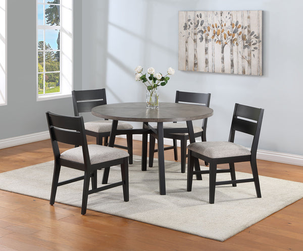 Create a warm and inviting dining space with this stylish and modern dining group, designed for both comfort and functionality. The round table features a beautifully crafted woodgrain top with a sawtooth detail, offering a timeless look that complements 