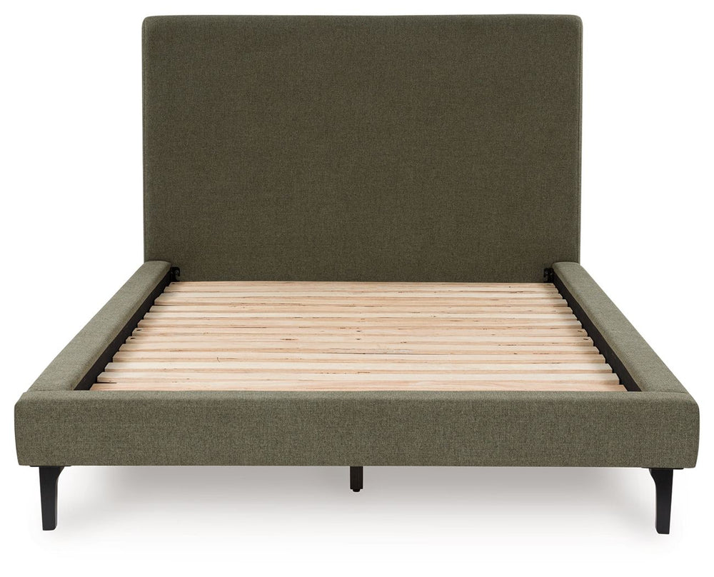 Nostalgic style, retooled for todayâ€™s trends. This queen upholstered bed puts an elevated twist on mod aesthetics. Its chic sage green hue reflects the mid-century vibes you love, while the low profile incorporates contemporary motifs. Roll slats round 