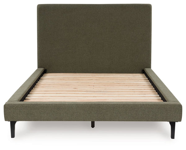  retooled for todayâ€™s trends. This queen upholstered bed puts an elevated twist on mod aesthetics. Its chic sage green hue reflects the mid-century vibes you love