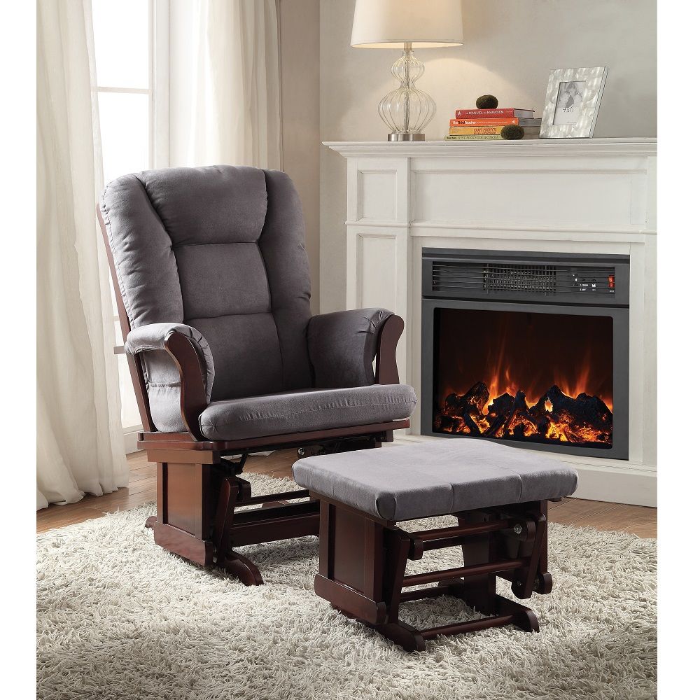 The Aeron Glider Chair & Ottoman will add a comfortable and stylish look to your den or bedroom. The cherry finish frame is made from Rubberwood for durability, with a foam-padded gray microfiber upholstery for comfort. The ottoman gives you a spot to pla