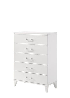 Explore modern simplicity that easily improve your overall aesthetic. The contemporary lines of this chest works perfectly with the temping finish, while decorative sliver trims add depth and reflect light. It offers five storage drawers with clear acryli