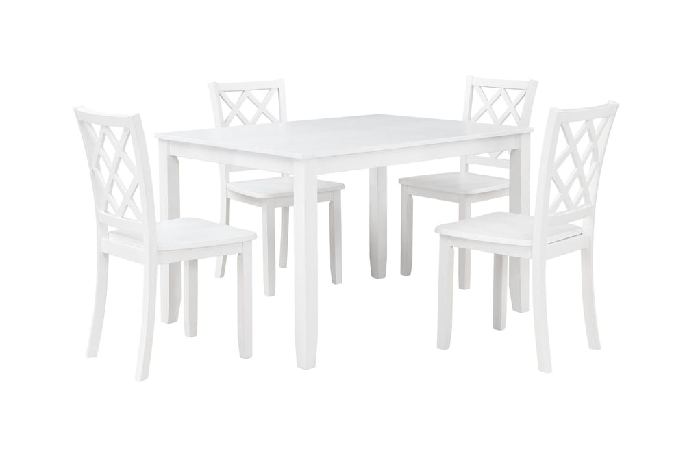 The Trellis 5 Piece Dining Set in white offers a blend of style and functionality, perfect for any dining area. This set includes one dining table and four chairs, all crafted from solid rubberwood, manufactured wood, and birch veneers, ensuring long-last