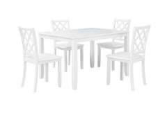 The Trellis 5 Piece Dining Set in white offers a blend of style and functionality, perfect for any dining area. This set includes one dining table and four chairs, all crafted from solid rubberwood, manufactured wood, and birch veneers, ensuring long-last
