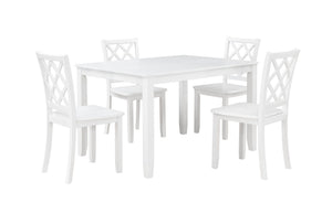 The Trellis 5 Piece Dining Set in white offers a blend of style and functionality, perfect for any dining area. This set includes one dining table and four chairs, all crafted from solid rubberwood, manufactured wood, and birch veneers, ensuring long-last