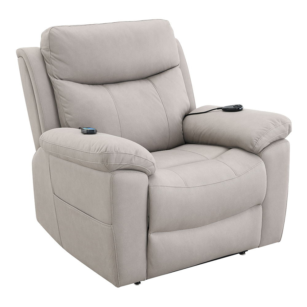 Chriki power recliner available in elegant beige and light gray fabric, offers ultimate comfort and sophistication. Featuring a pocket coil seat construction, tight seat and back cushions, it ensures durability and support. With power lift, massage, and h