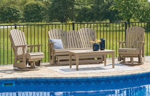 Drift into outdoor entertainment bliss with this set. Dressed in an inviting driftwood hue with a classic feel, it weathers sunny summer days and cozy winter nights with durable MEGA TUFFâ„¢ HDPE material. <h4><b>Hyland Wave - Driftwood - Glider Loveseat<