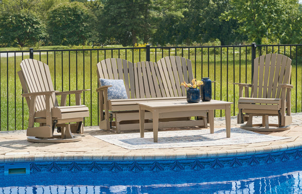 Drift into outdoor entertainment bliss with this set. Dressed in an inviting driftwood hue with a classic feel, it weathers sunny summer days and cozy winter nights with durable MEGA TUFFâ„¢ HDPE material. <h4><b>Hyland Wave - Driftwood - Glider Loveseat<