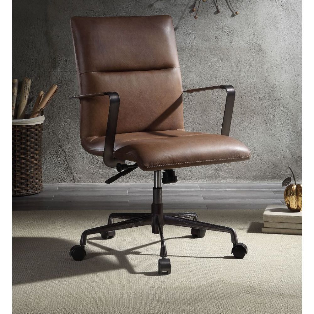 KD, Executive Arm Office Chair â€¢ Seat: Swivel (360 Degrees), Adjustable Height (Pneumatic Lift), Square Shape â€¢ Padded Seat & Back: Top Grain Leather (Vintage Pattern) â€¢ Backrest: Horizontal Tufted () â€¢ Metal Armrest: Top Grain Leather (Open Frame