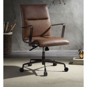 KD, Executive Arm Office Chair â€¢ Seat: Swivel (360 Degrees), Adjustable Height (Pneumatic Lift), Square Shape â€¢ Padded Seat & Back: Top Grain Leather (Vintage Pattern) â€¢ Backrest: Horizontal Tufted () â€¢ Metal Armrest: Top Grain Leather (Open Frame