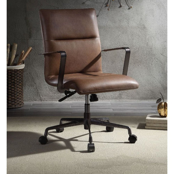 KD, Executive Arm Office Chair â€¢ Seat: Swivel (360 Degrees), Adjustable Height (Pneumatic Lift), Square Shape â€¢ Padded Seat & Back: Top Grain Leather (Vintage Pattern) â€¢ Backrest: Horizontal Tufted () â€¢ Metal Armrest: Top Grain Leather (Open Frame