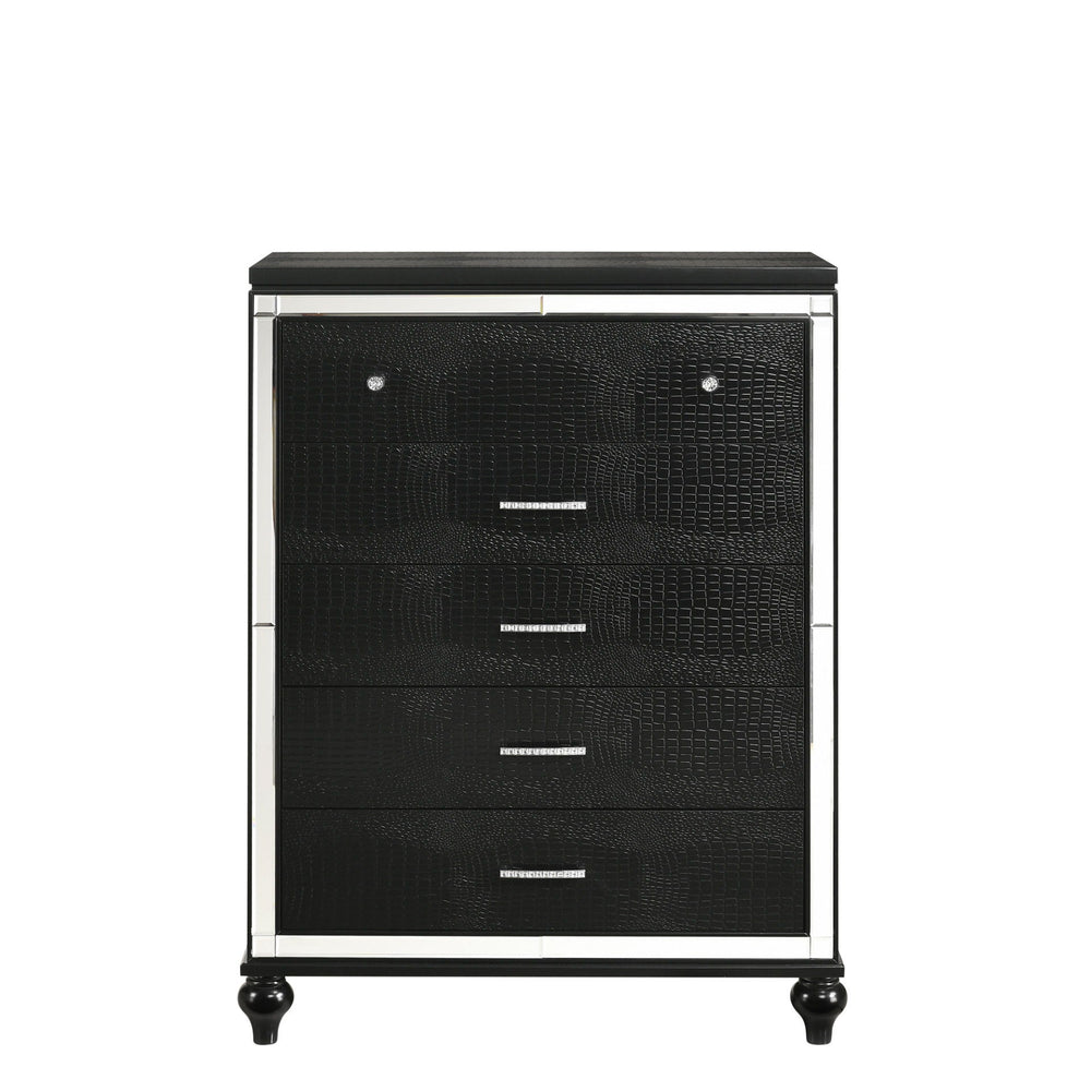 The Valentino 5 Drawer Chest in classic black is a testament to enduring craftsmanship crafted from a blend of manufactured and solid woods, adorned with exquisite embossed inlays. Radiating with glitz and glam, its gleaming finish, mirrored trims, crysta