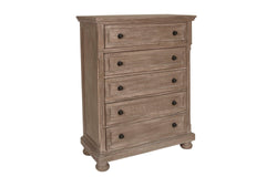 The Allegra 5 Drawer Chest in a sophisticated pale pewter finish is a perfect blend of durability, style, and functional storage, making it a standout addition to any bedroom. Expertly crafted from solid Mindi wood, engineered woods, and wood veneers, thi