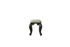 this delicate stool has a soft seat and elelgant scrolled legs. The mature grey finish all over the wooden frame perfectly coordinates with the clean