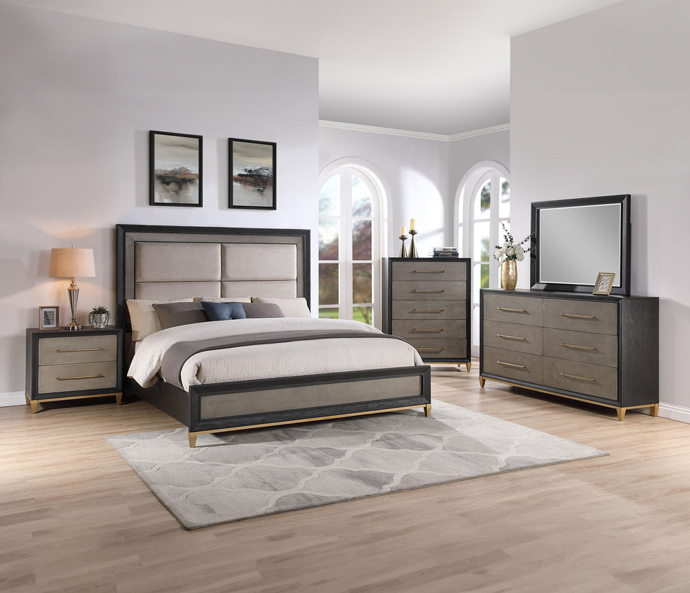 This bedroom ensemble exudes a sleek, contemporary charm with a hint of mid-century flair, perfect for creating a tranquil yet stylish retreat. The centerpiece, a bed with an upholstered headboard, is framed with a contrasting dark trim, offering a plush 