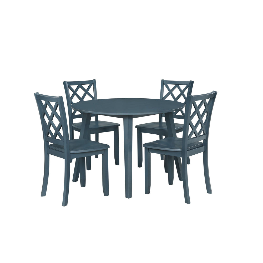 The Trellis 5 Piece Round Dining Set in blue is a superb choice for those looking to add a blend of style and functionality to their dining area. This set includes one round dining table and four chairs, all constructed from solid rubberwood, manufactured