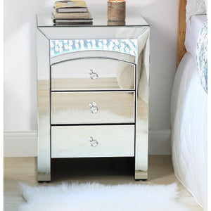 Assembled, Rectangular Night Table w/LED Storage: 3 Drw Features: Mirrored Finish, LED w/Faux Diamonds & Clear Glass, Mirrored Sled Base CONSTRUCTION Mirrored Case Frame: 4mm Beveled Mirror, MDF