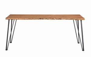  the table top showcases a distressed natural acacia finish that reveals the wood grain. Dark hues are exposed along the sides of t