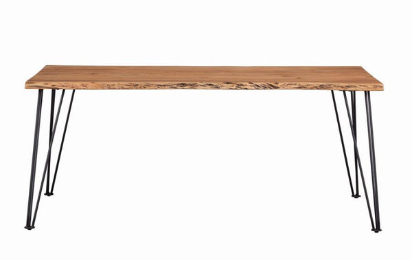  the table top showcases a distressed natural acacia finish that reveals the wood grain. Dark hues are exposed along the sides of t