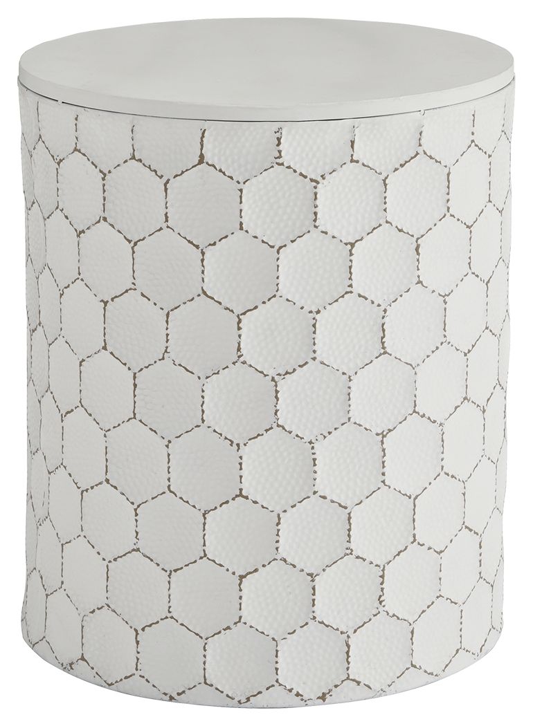 Trendsetting and contemporary. Take a fashion risk with this accent stool. Outlined honeycomb design on hammered metal is teeming with texture. Uniquely versatile size lets it serve as an accent table, plant stand or extra seating.<br/><br/><b>Product Fea