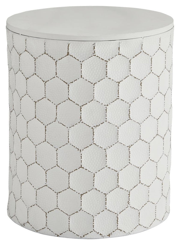Trendsetting and contemporary. Take a fashion risk with this accent stool. Outlined honeycomb design on hammered metal is teeming with texture. Uniquely versatile size lets it serve as an accent table, plant stand or extra seating.<br/><br/><b>Product Fea