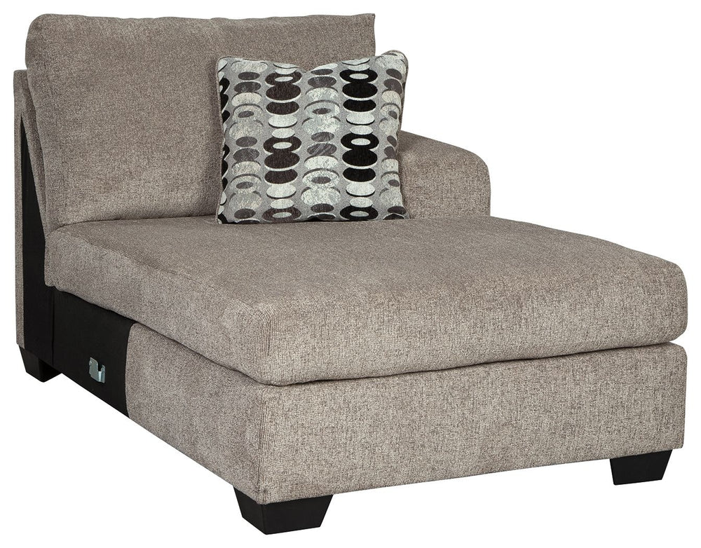 This right-arm facing corner chaise is made with polyester upholstery. Pairs with other items in the series to make a sectional.<br><br><b>Additional Dimensions</b><br><ul><li>Arm height: 25-"</li><li>Leg height: 3.5-"</li><li>Minimum width of doorway for