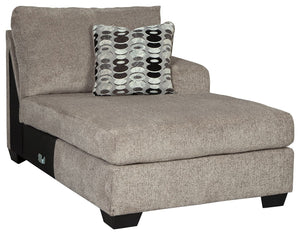 This right-arm facing corner chaise is made with polyester upholstery. Pairs with other items in the series to make a sectional.<br><br><b>Additional Dimensions</b><br><ul><li>Arm height: 25-"</li><li>Leg height: 3.5-"</li><li>Minimum width of doorway for