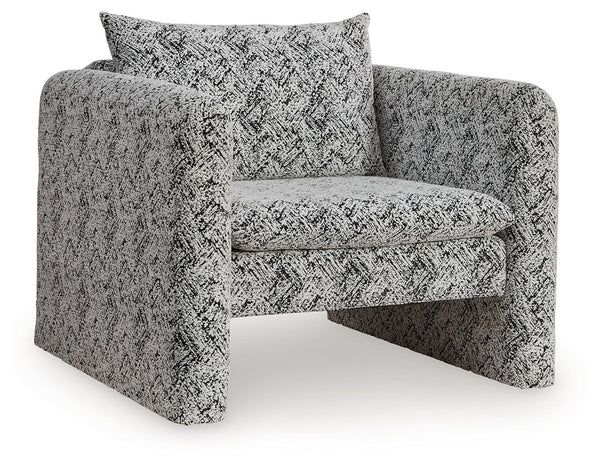 This fashion-forward accent chair keeps comfort and contemporary style at top of mind. Its eye-catching black and white geometric pattern makes a bold statement while remaining versatile enough to pair with other neutrals or pops of color. A low-profile b