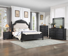 Indulge in the timeless elegance of this exquisite bedroom collection, a true embodiment of classic sophistication. Each piece is masterfully constructed with a striking charcoal finish that commands attention while accentuating the intricate detailing an