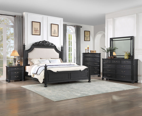 Indulge in the timeless elegance of this exquisite bedroom collection, a true embodiment of classic sophistication. Each piece is masterfully constructed with a striking charcoal finish that commands attention while accentuating the intricate detailing an
