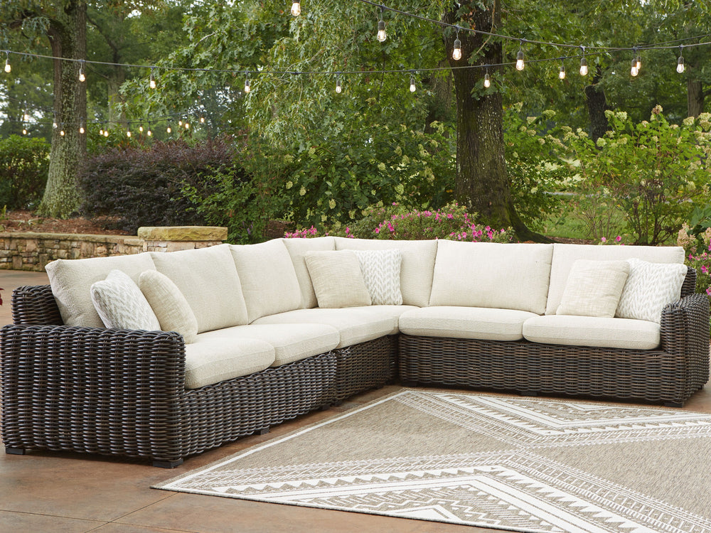 Add luxury, comfort and durability to alfresco fun. This outdoor sectional captures the textural beauty of wicker while withstanding the elements, from rain to shine. With a UV-resistant design, the wonderfully low-maintenance Nuvella+â„¢ fabric maintains