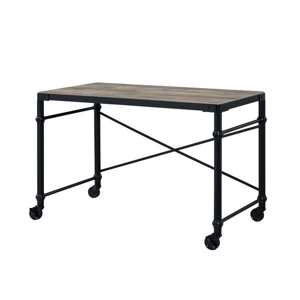 Rectangular Wooden Table TopMetal BaseNail Head AccentWheels IncludedIndustrial Style<br/><br/><b>Product Features</b><ul><li>Rectangular Wooden Table Top</li><li>Metal Base</li><li>Nail Head Accent</li><li>Wheels Included</li><li>Industrial Style</li><li
