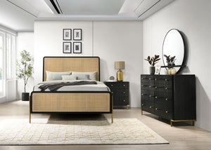 Woven rattan head and footboards create a bold focal point within this four-piece modern bedroom set that includes a nightstand, dresser, and mirror. Its rich black frame finish enhances each piece, offering a distinctive sense of structure that-'s perfec