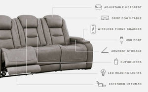 The Man-Den - Gray - PWR REC Sofa with ADJ Headrest